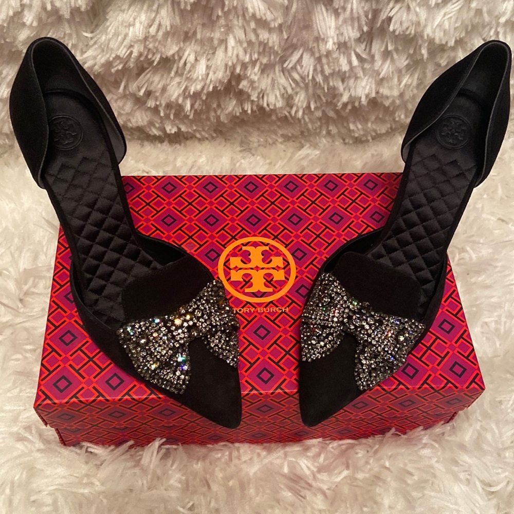 Tory Burch Dorsay crystal and suede pump. Gently used in box. NO RETURNS